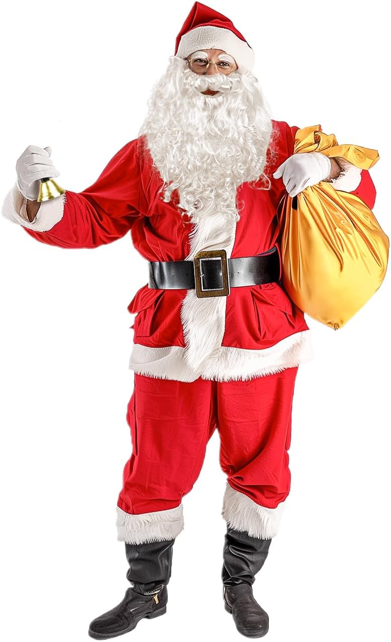MOVINPE Santa Claus Beard and Wig Set for Adult Men Santa Costume Accessories, Beard Wig Eyebrows Hat Glasses Gloves Satin Gift Bags Hand Bell, Perfect for Celebrations Festive Events Parties - Image 7