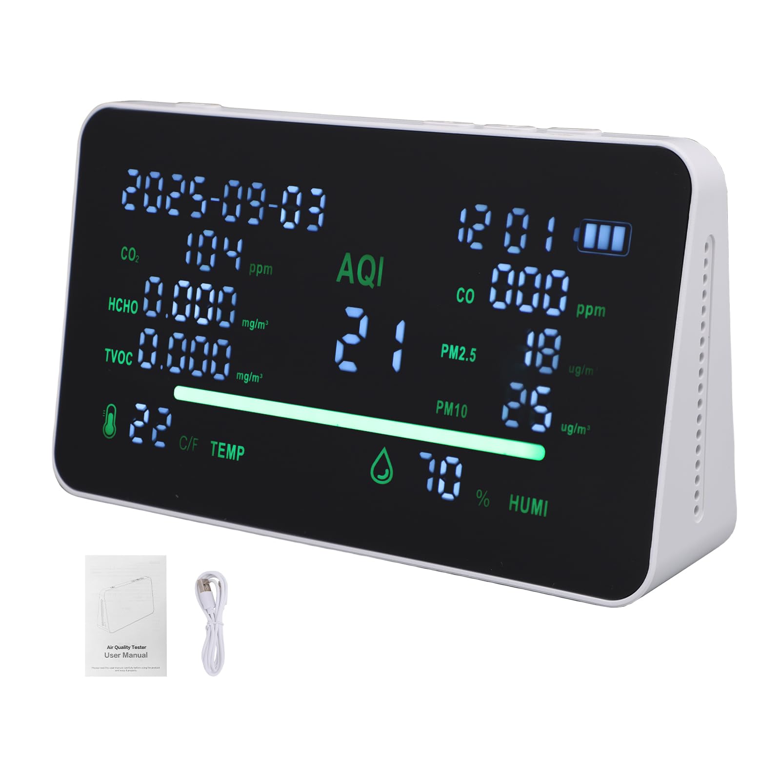 Cuifati Monitor della qualità dell'aria Interna 11 in 1 CO2 TVOC PM2.5 Rilevatore di umidità e Temperatura della Formaldeide, Tester Portatile della qualità dell'aria con Schermo a Colori per