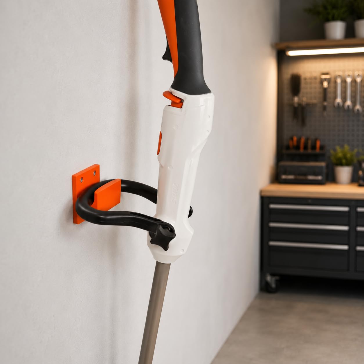 Halterung passend für STIHL Geräte mit Haltegriff KMA-SHA-FSA-HLA- Kombimotor Laubhäcksler Laubsauger Freischneider Kombisystem Multisystem Wandhalterung Gerätehalterung Zubehör Befestigung (Orange)