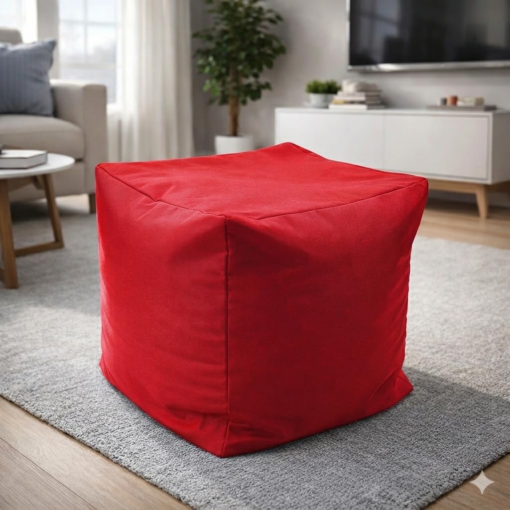 Artistic Fashionista Limited Waterproof Bean Bag Footstool Cube 40x40x40cm – Indoor Outdoor Garden Pouffe Ottoman Seat, Durable Weather-Resistant Fabric, Lightweight Foot Rest Stool (Red)