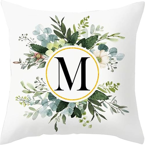 Fundas de almohada con monograma de letra M, diseño floral con inicial, fundas de almohada decorativas del alfabeto, fundas de almohada con