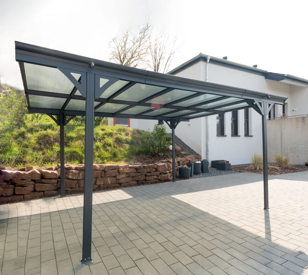 WESTMANN Carport Helsinki 15m² | 503x305x232 cm Grau | Flachdach Überdachung aus Aluminium | Motorrad- & Autounterstand inklusive Regenrinne