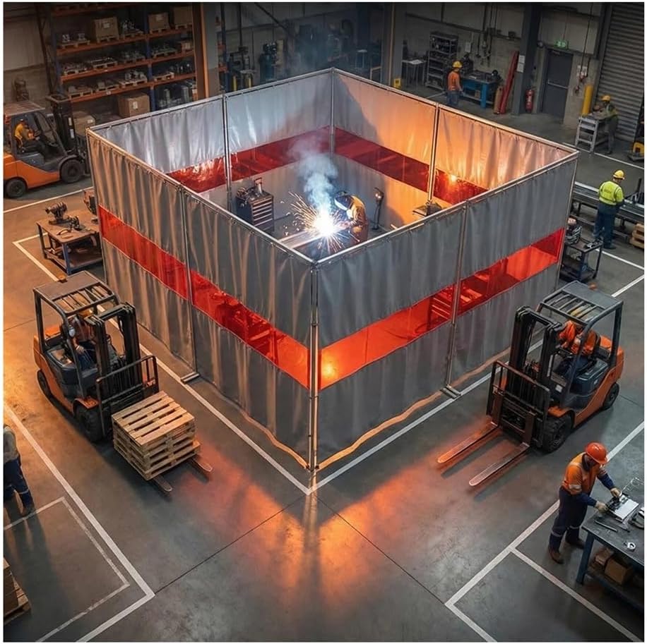 Welding Curtain Divider Screens, Silicone Coated Welding Blanket with Red Viewing Window Panel, Heavy Duty Fireproof Welding Shield Mat for Industrial, Workshop, Cutters(10X3 M)