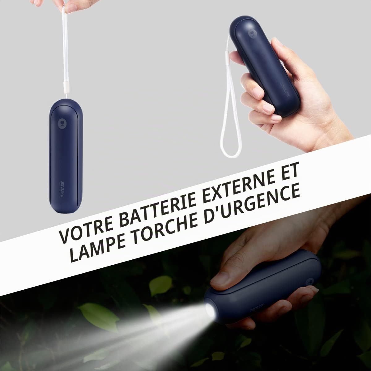 JISULIFE Ventilateur de Poche, Mini Ventilateur à Main Portable, à Piles Rechargeables par USB [14-21 heures], Ventilateur Personnel Pliable et Silencieux Avec Batterie Externe, Lampe de Poche-Bleu