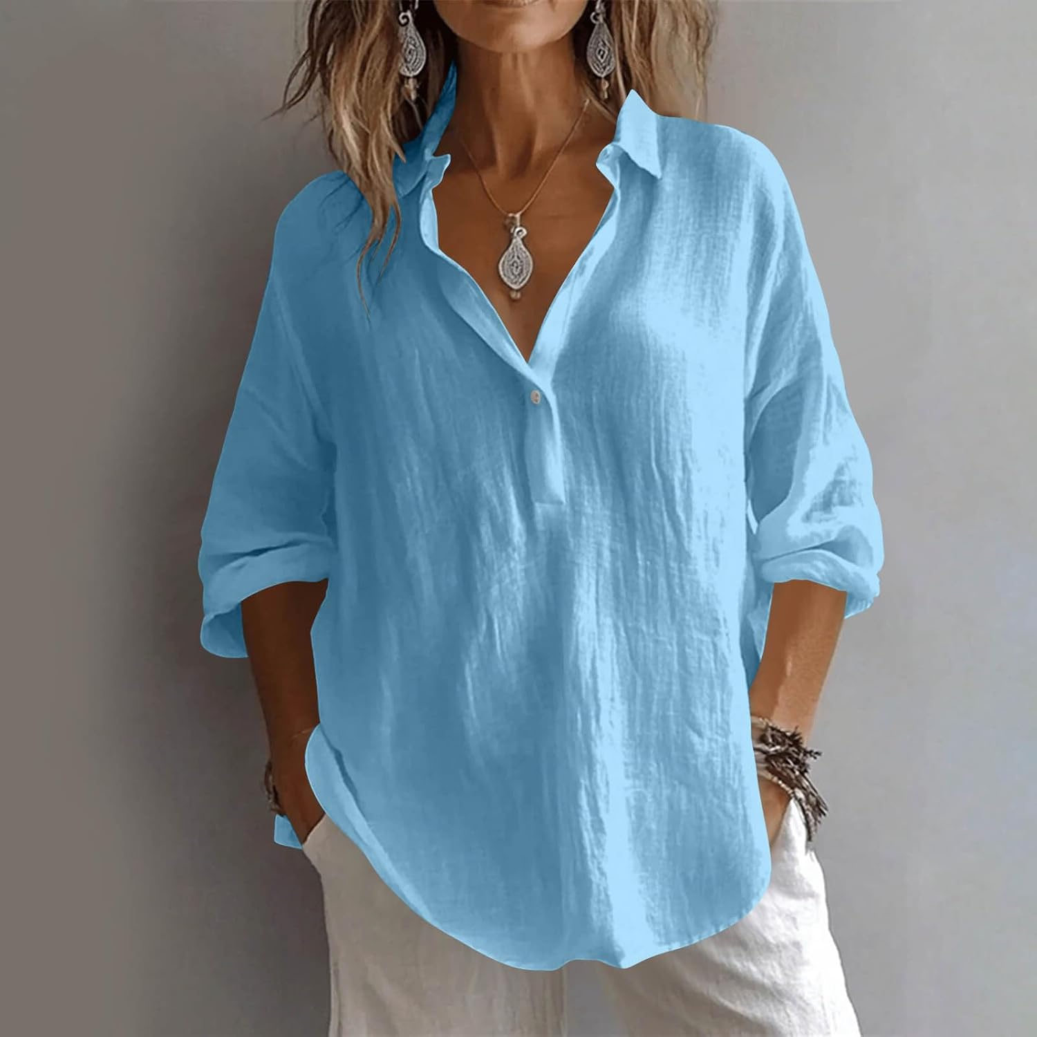 Linen Shirts for Women Spring Trendy Long Sleeve Lapel Collar Loose Dressy Blouses Cotton Summer Casual Outfits