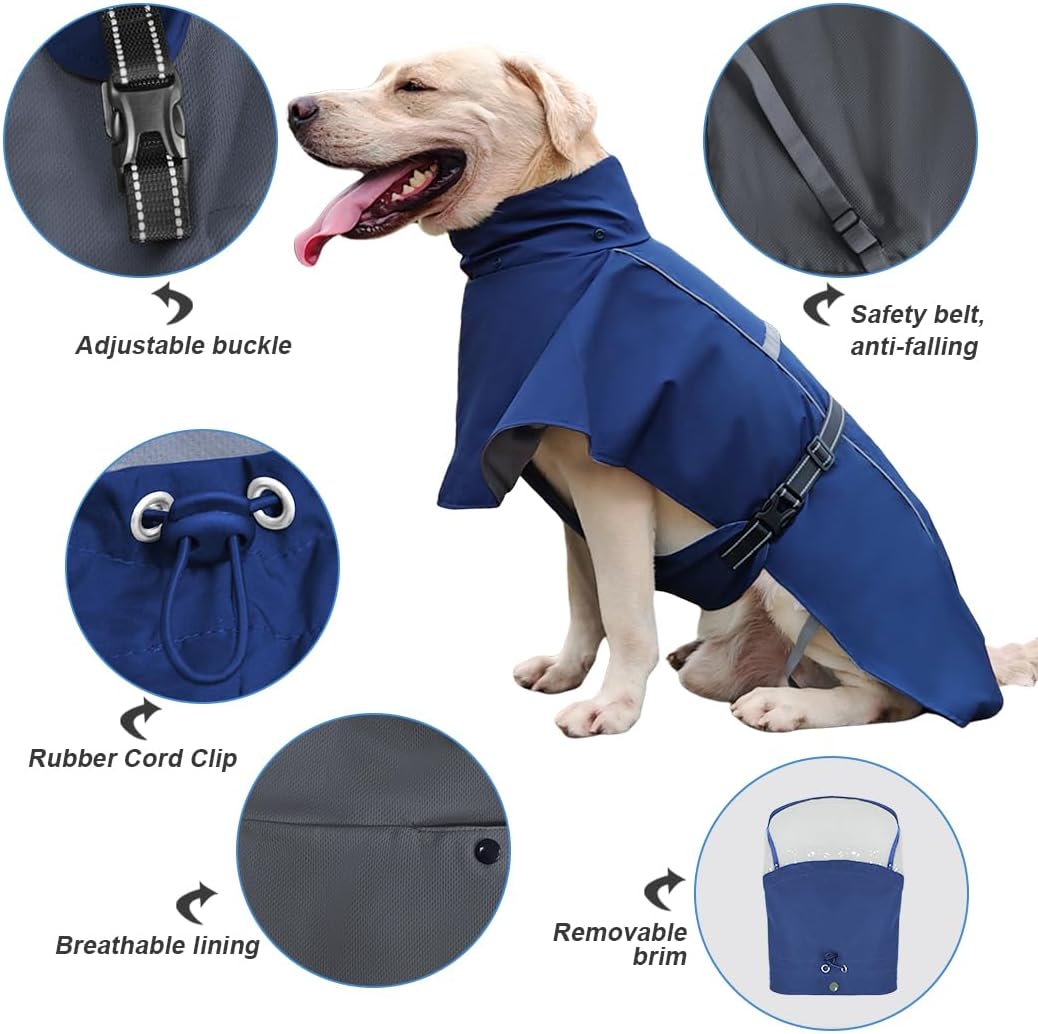 Pet Dog Raincoat Jacket Large Dog Rain Poncho with Transparent Hood, Double-Layer Structure, Adjustable, Waterproof, and Reflective, Suitable for Medium to Large (Dark Blue, 6XL)