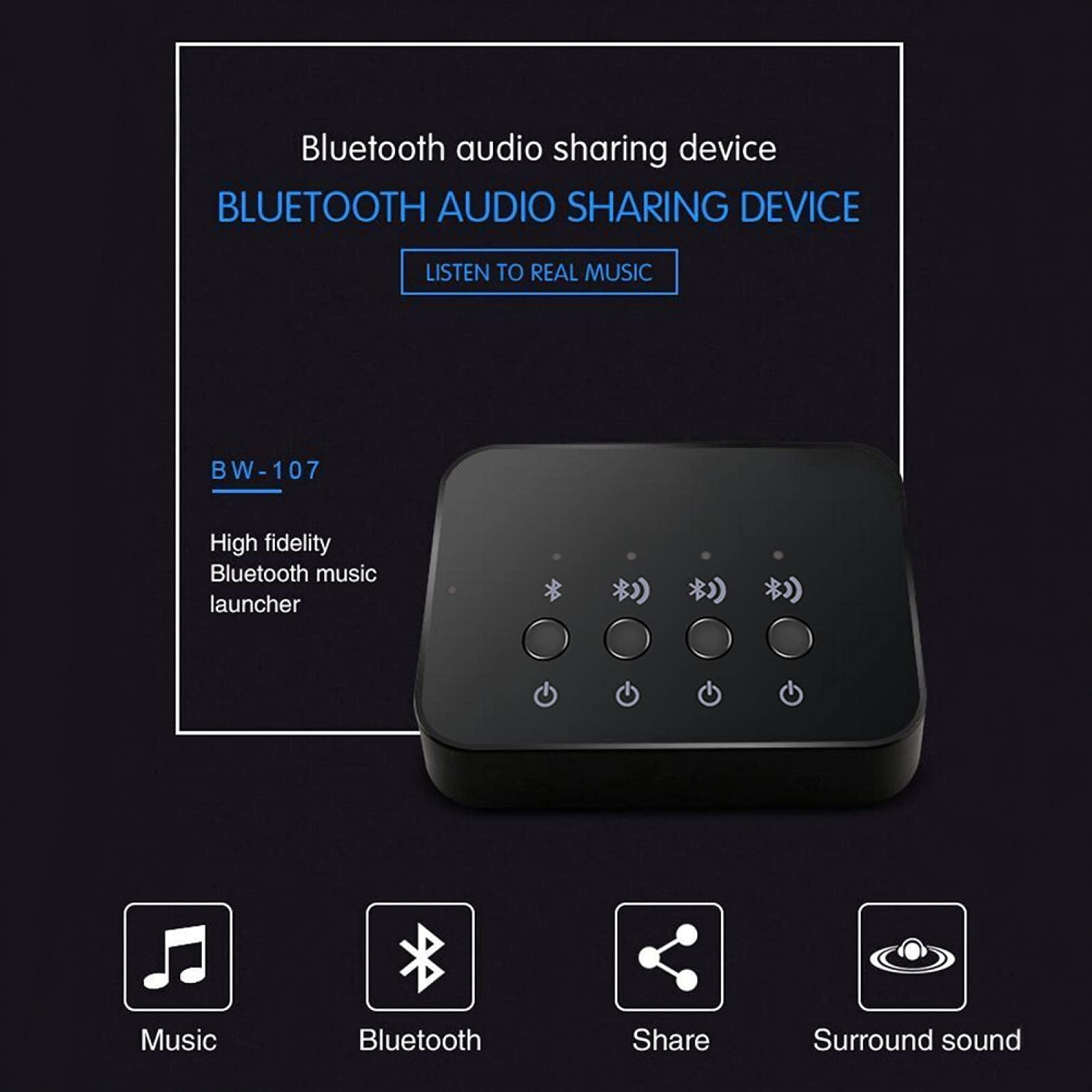Ejoyous BW-107 Adapter audio Bluetooth, rozdzielacz 1 do 3, bezprzewodowy odbiornik stereo z przyłączem kablowym 3,5 mm, do głośników domowych, telewizorów i telefonów