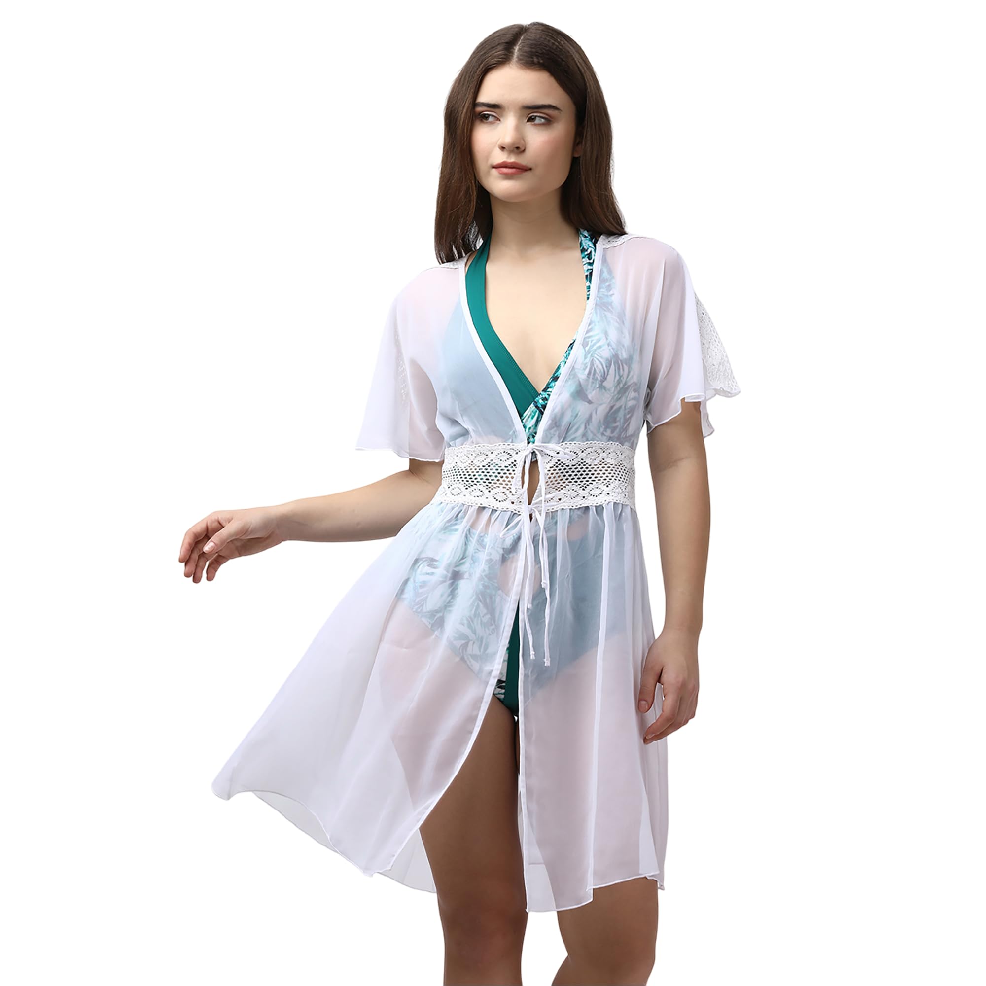 Women Crocheted Half Sleeves White Sheer Robe Cover Up-image-13