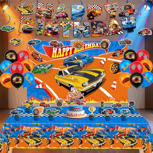 Race Car Birthday Decorations Party Decorations Set Include Race Car Balloons Tablecloth Backdrop Cake Cupcake Toppers Hanging Swirls Banner Racing Car Party Supplies for Boys Birthday Decor