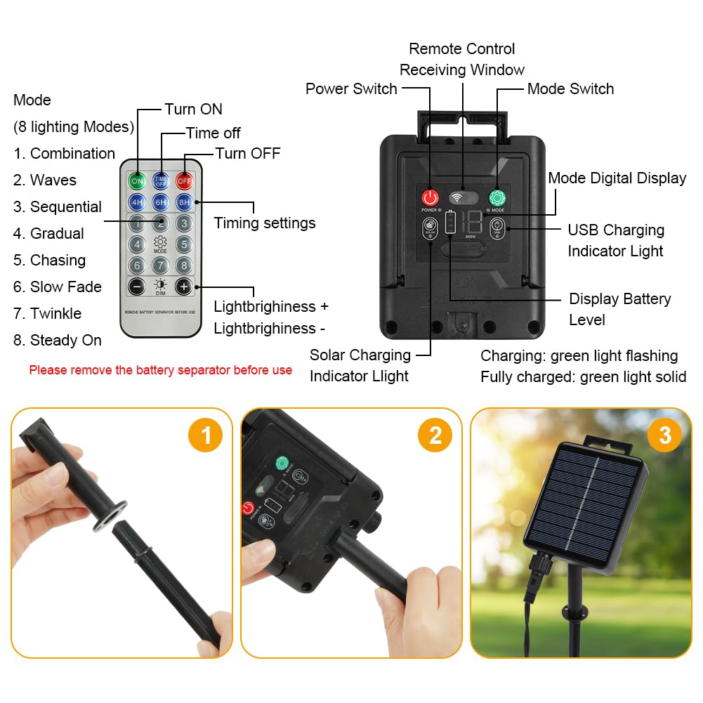 AUAUY Solar Garden String Lights Outdoor, 25 Bulbs 12m/39ft 100 LED with 8 Modes & Remote - Image 3