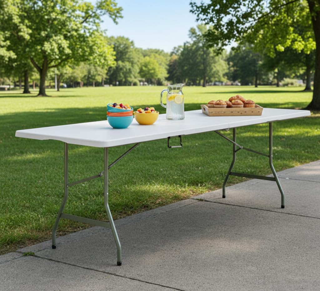 Set of 10 Granite White Plastic Bi-Folding Rectangular 30" by 96" Event Tables for Bistro, Restaurant, Wedding, Hotel, Banquet
