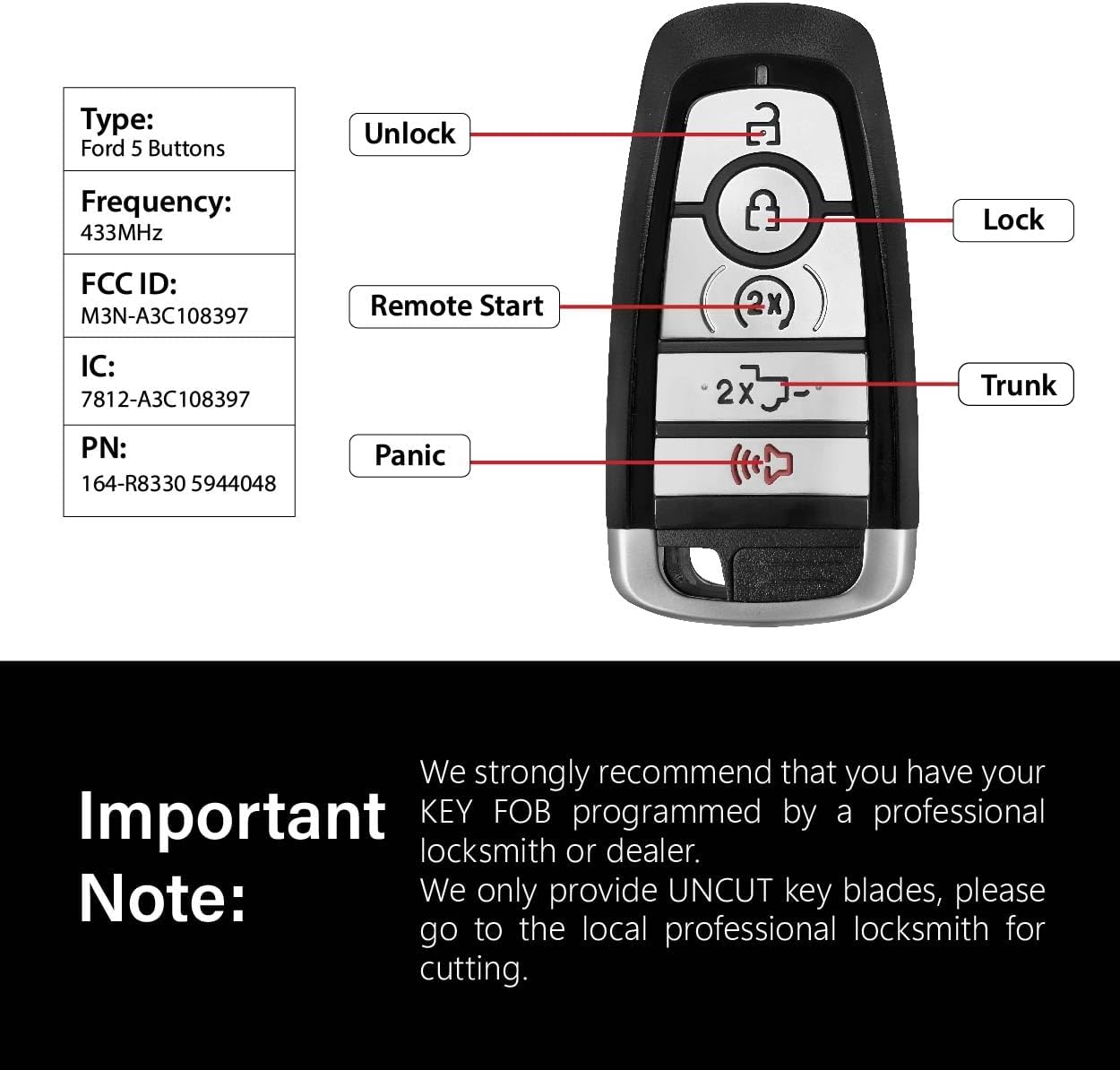 Replacement for 2023 2024 Ford F-250 F-350 F-450 F-550 Key Fob Remote Control M3N-A3C108397 5 Buttons 433MHz