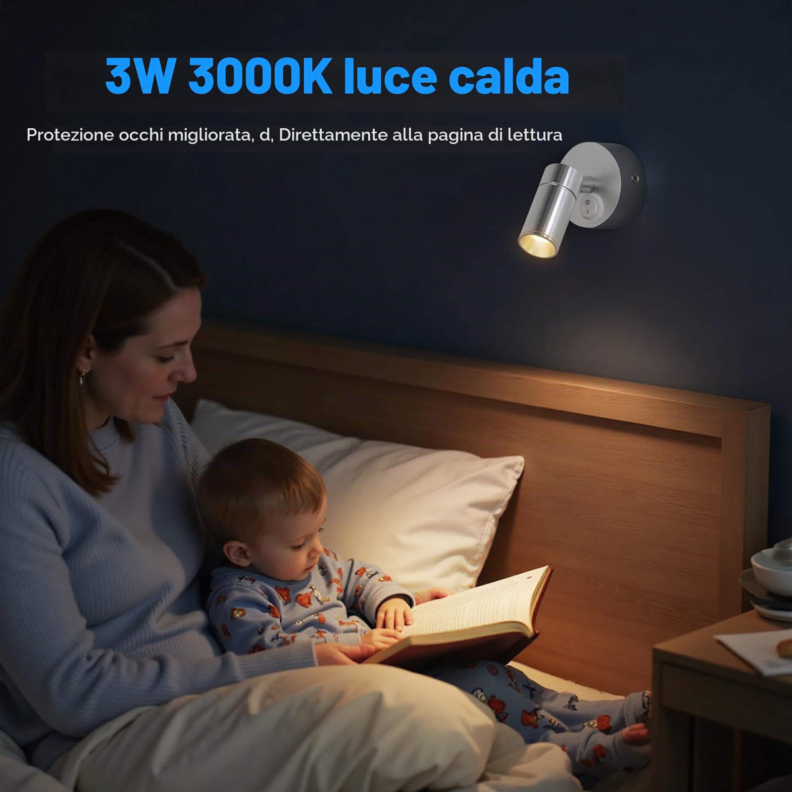 ERWEY 2 pezzi LED lampada da parete per interni, leggere lampada da parete 3W bianco 3000K luce da letto rotante con interruttore per camera da letto bagno corridoio, argento