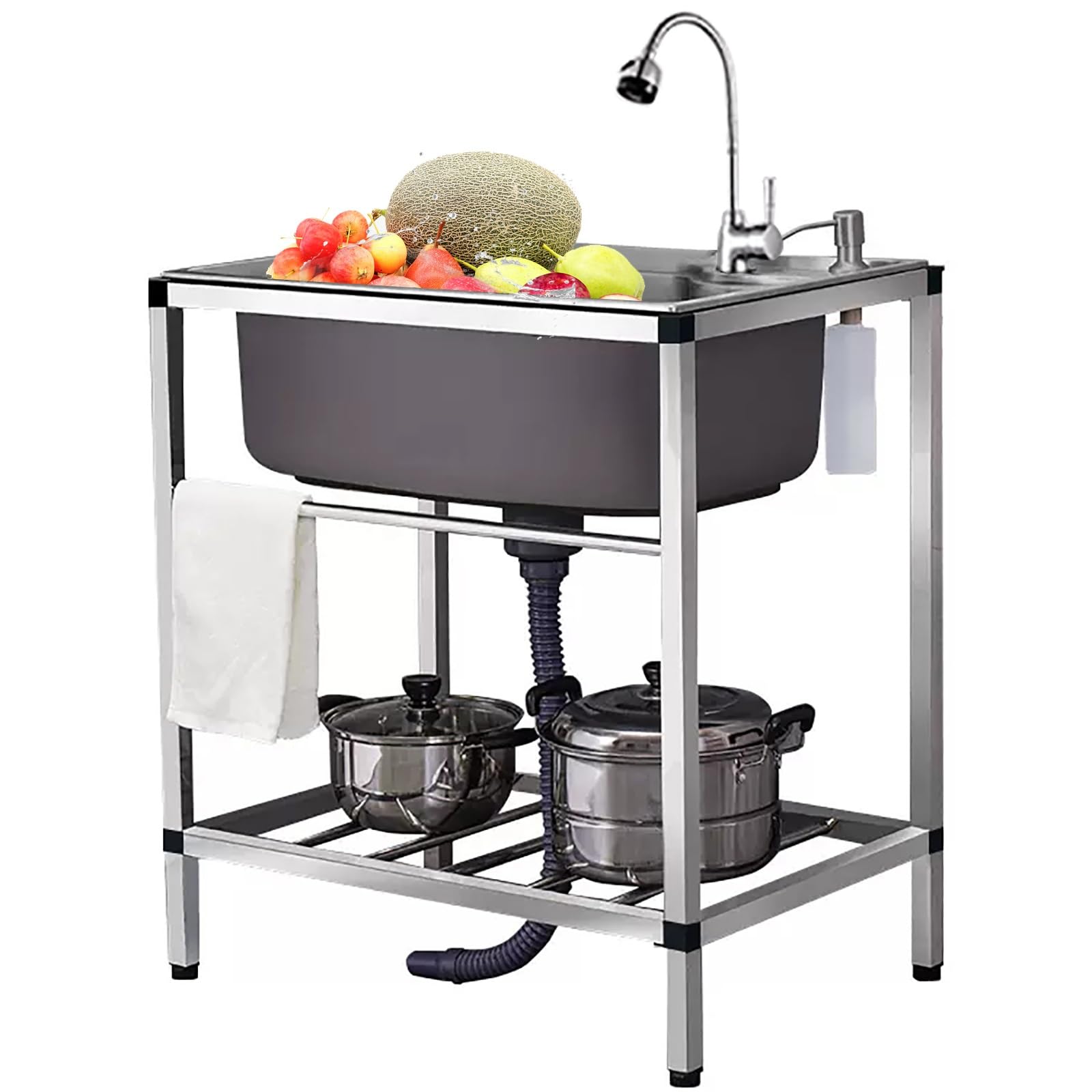 304 Stainless Steel Sink,Commercial Sink,Stainless Steel Single Bowl,Stainless Steel Commercial Kitchen Prep & Utility Sink with Faucet,for Kitchen Bathroom Restaurant (Vientiane Faucet 53*38cm)