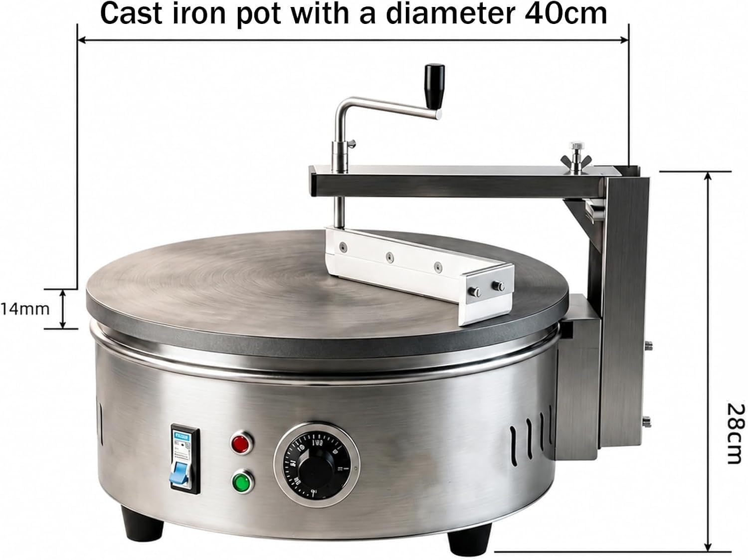 Piastra elettrica professionale per crêpes e pancake da 220 V, con piastra antiaderente in acciaio inox da 40 cm, temperatura regolabile e 7 accessori, ideale per snack bar, casa e ristoranti.