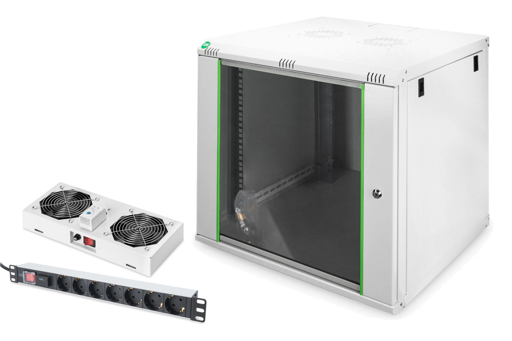 DIGITUS Set: Armoire réseau 19" 12U + Ventilateur de Toit + Bloc multiprise 7 Ports // Rack 19 Pouces - Montage Mural - Profondeur 600mm - Charge 60kg - Profondeur utile 320-450 mm - Gris