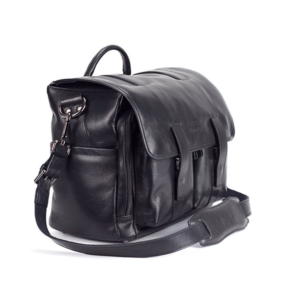4V Design4 V Design Luca Leather Messenger Bag for Camera (Ultra-Grip, Removable Compartment with 4 Dividers) Black