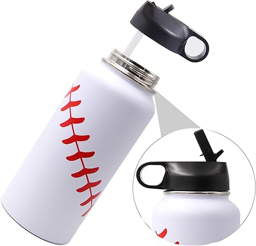 Miniatura 2 de Botella de agua de béisbol de 32 onzas, botella deportiva de boca ancha, vaso de viaje de metal con 2 tapas, acero inoxidable 188, doble pared