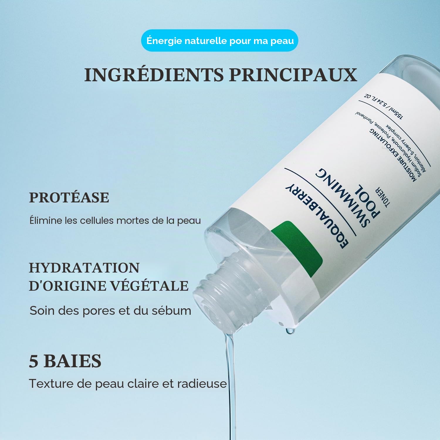 EQQUALBERRY Swimming Pool Toner 155ml – Lotion Tonique Visage Hydratante aux Enzymes Naturelles et Acide Hyaluronique – Exfoliation Douce pour Peau Lisse et Confortable