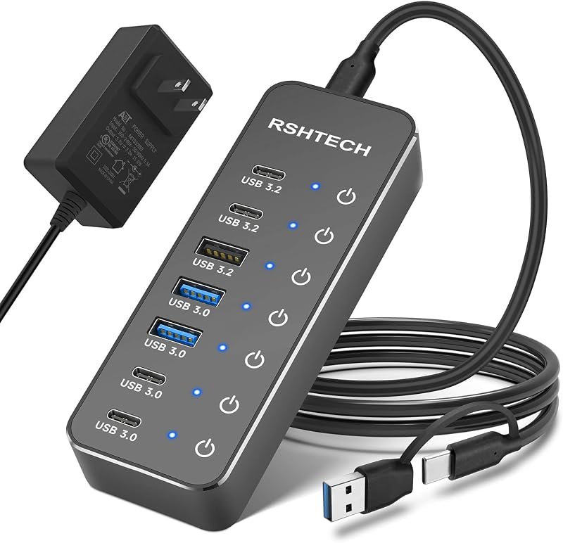7-Port Powered USB-C/USB 3.2 Data Hub Splitter, RSH-ST07C-4 | with 3 x 10Gbps USB-3.2(2C + 1A),4 USB-3.0 Ports(2C + 2A), 3.3ft USB-A/USB-C Cable, Touch Switches, and 5V Power Adapter