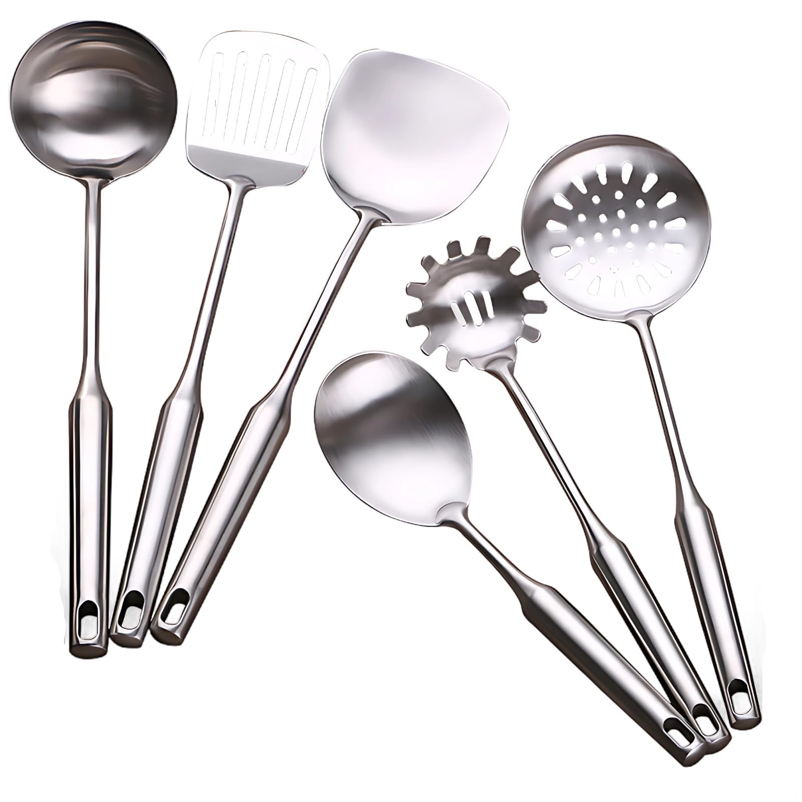 Edelstahl-Kochutensilien-Set, 6-teilig, Wok-Spatel, Schlitzspatel, Schöpflöffel, Reisschaufel, Nudelheber, Silber, einteiliges Design