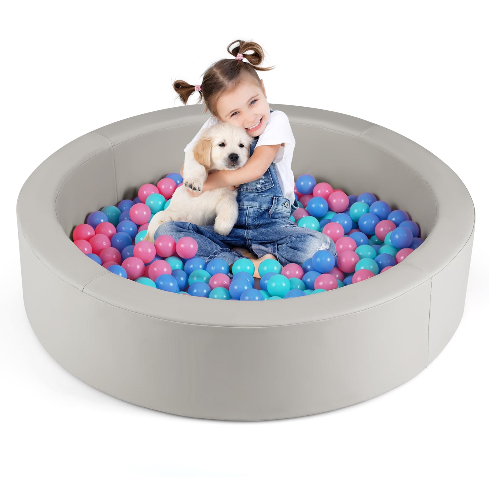 COSTWAY Piscina de Bolas para Bebés, Piscina de Pelotas Infantil Redonda de Esponja con 200 Pelotas Oceánicas y Bolsa de Malla, Parque de Bolas Infantil para Niños de 3+ Años (Gris)