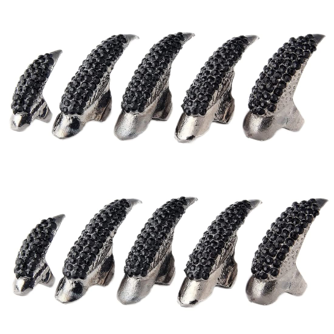 PithCogent 10Pcs Halloween Costume Claws Gothic Punk 3 Sizes Crystal Full Ring Claws Girls Women Men Ring False Easy Long Nails (Black)