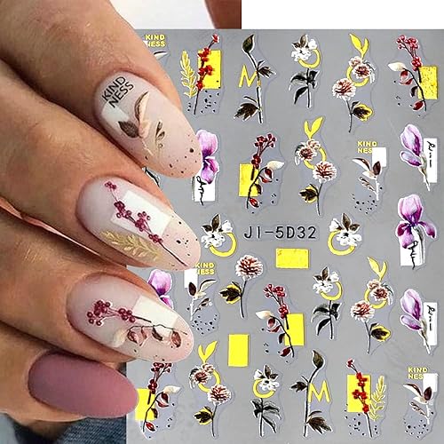 Miniatura 9 de Dornail Calcomanías de uñas bronceadas en relieve 5D, 3 hojas de flores de primavera, hierba, pájaro, calcomanías de arte de uñas, accesorios de