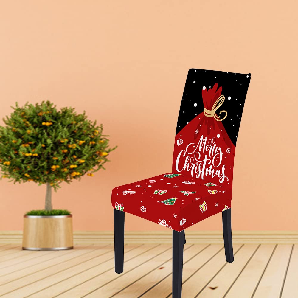 Andreannie Set of 6 Christmas Dining Room Chair Covers Snowflake Stretch Removable Dining Chair Slipcovers Protector Decorative for Christmas Holiday Party Ceremony (Red-Black, Set of 6)