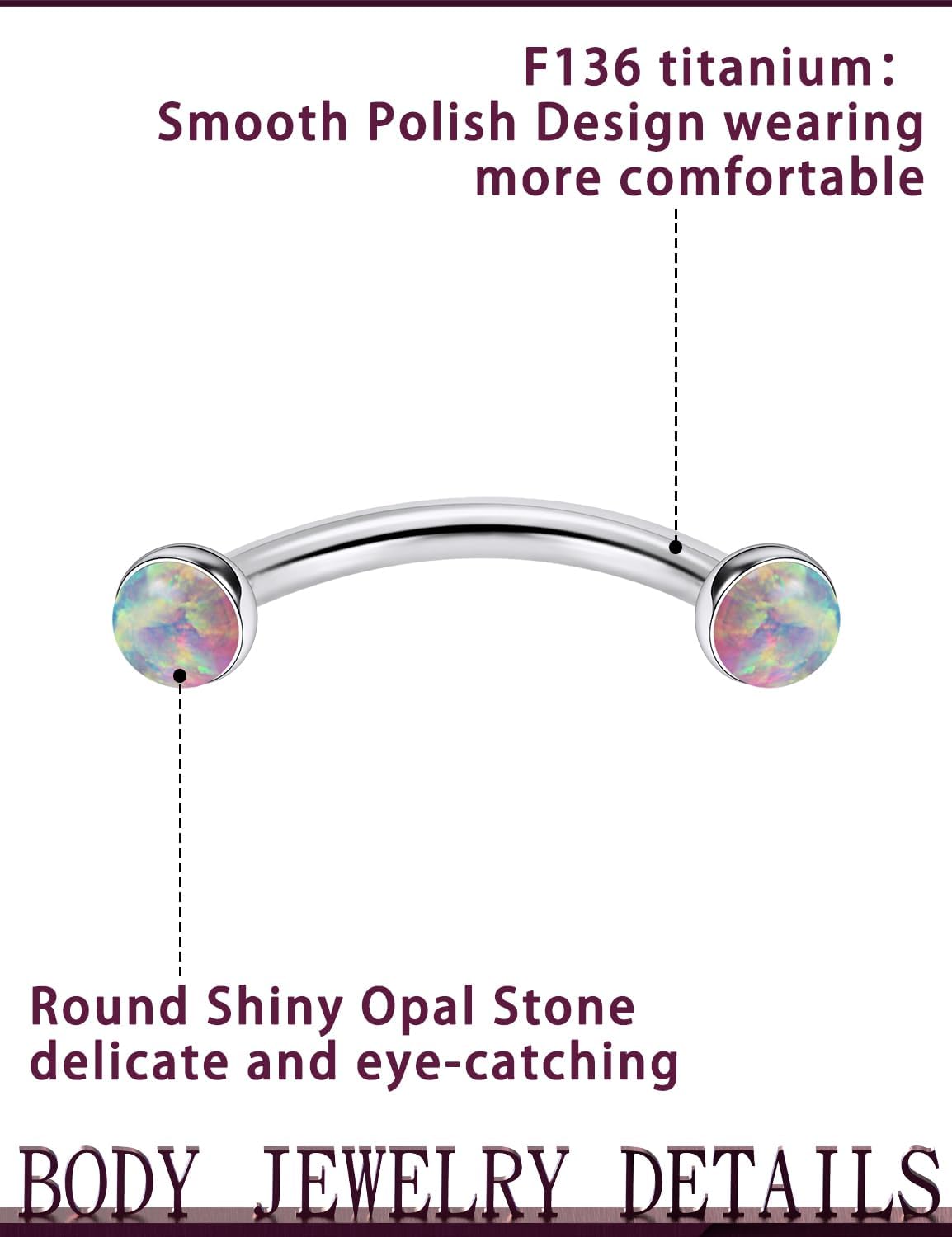 Jenxnjsjo F136 Titanium 16g 6/8/10mm Opal Eyebrow/Rook/Snug/Vertical-Labret/VCH/Snake-Eyes/Anti-Tragus/Christina/Daith/Belly-Button/Bridge/Hood/Surface Curved Barbell Piercing Jewelry for Women Men - Image 3