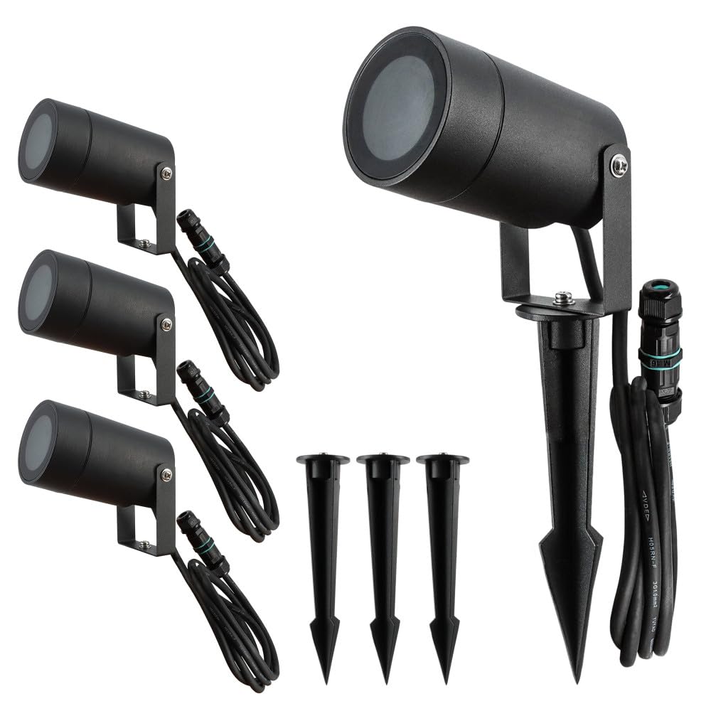 Spots extérieurs design avec piquet X4 - Pour Ampoule LED GU10 - Étanche IP65 - Orientables - Fixations discrètes - Noir