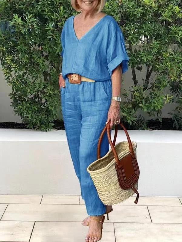 Women's Summer Linen 2 Piece Set V-Neck Top Wide Leg Pants Suits Plus Size Casual Loose Outfit with Pockets2