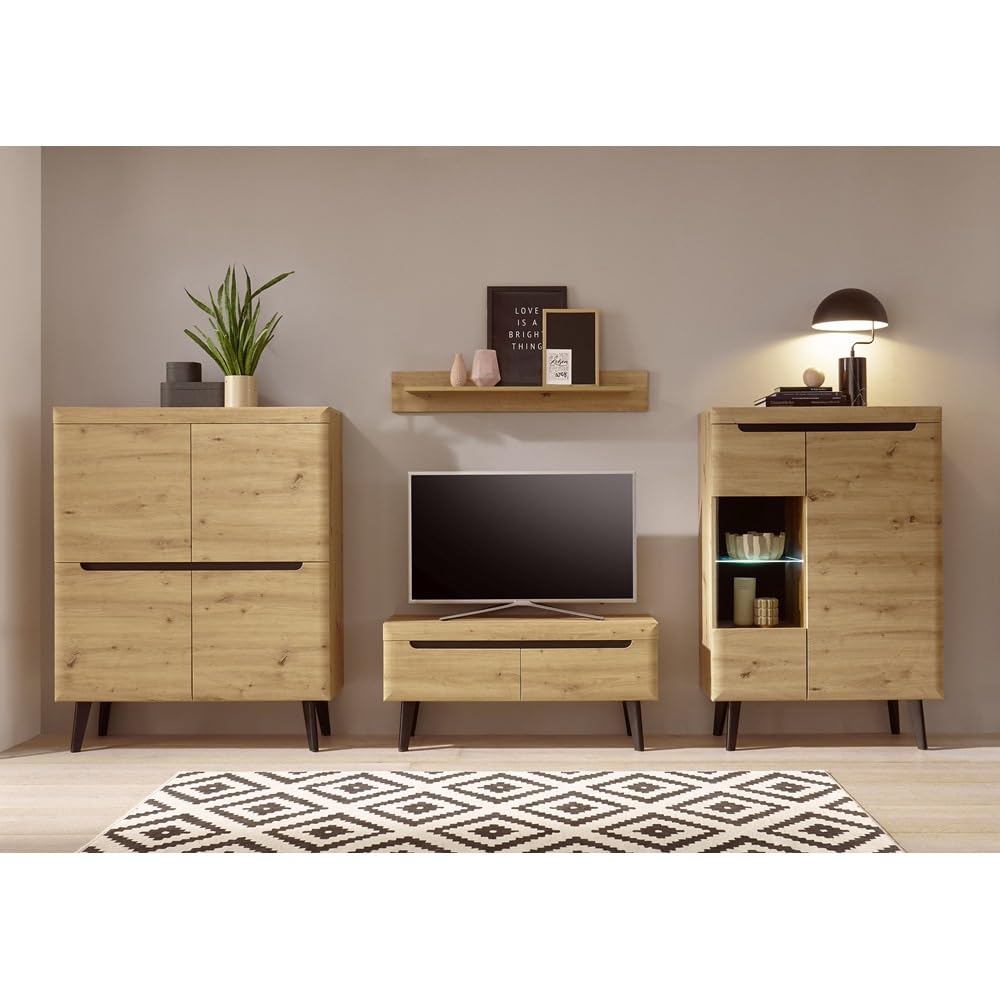 Lomadox Skandinavisches Wohnwand und Couchtisch Set, Eiche Artisan mit Schwarz, inkl. Beleuchtung, tiegezogene MDF-Fronten, Massivholzfüße