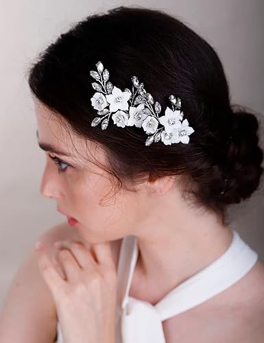 Miniatura 6 de Chargances 3 horquillas para el pelo de perlas de flores blancas para novia, cuentas de perlas plateadas, hechas a mano, accesorios para el cabello