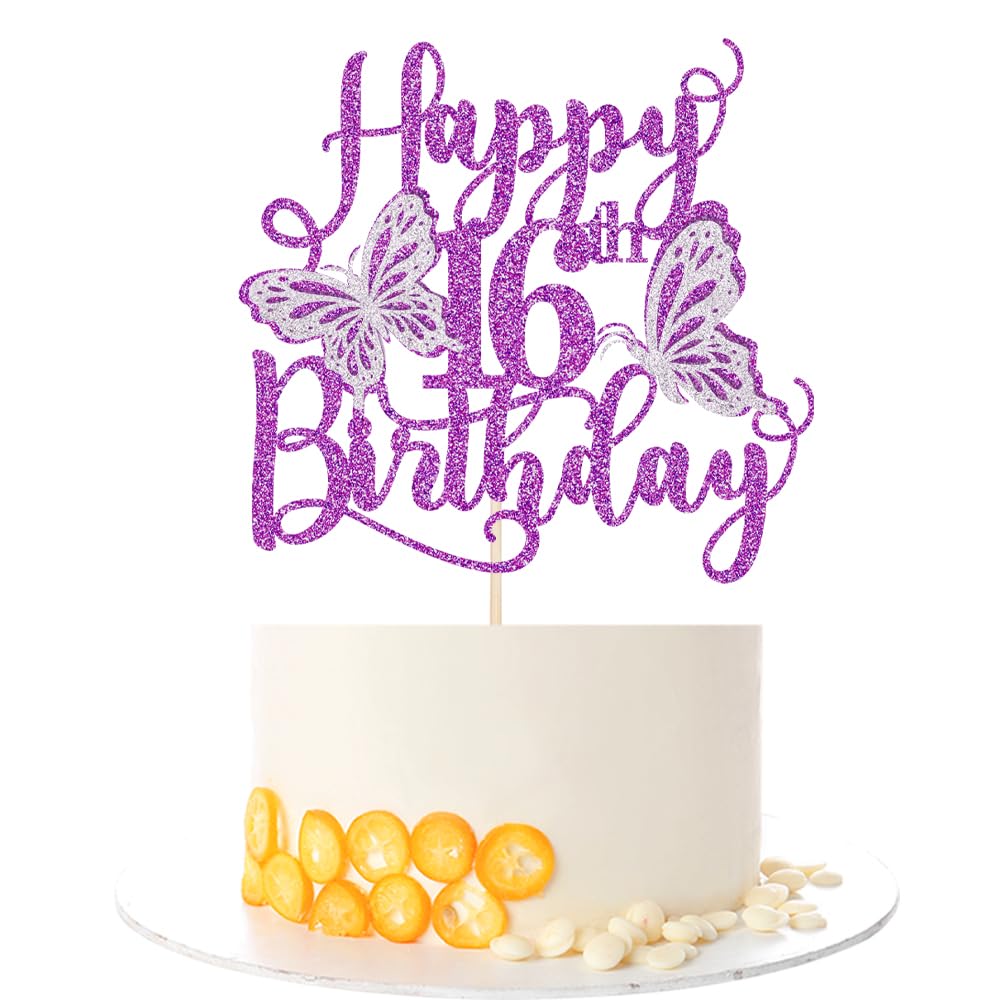 Kaoenla 3D Butterfly Happy 16th Birthday Cake Topper, Glitter 16th/sixteen Birthday/Anniversary, Butterfly Theme Party Cake Decor (16th, Purple)
