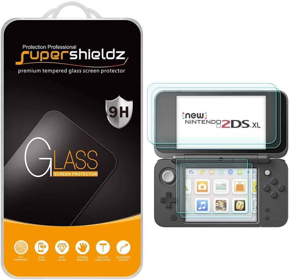 [2-Pack] Supershieldz for Nintendo 2DS XL Screen Protector (2X Top Tempered Glass + 2X Bottom PET) 0.3mm, Anti-Scratch, Anti-Fingerprint, Bubble Free, Lifetime Replacement