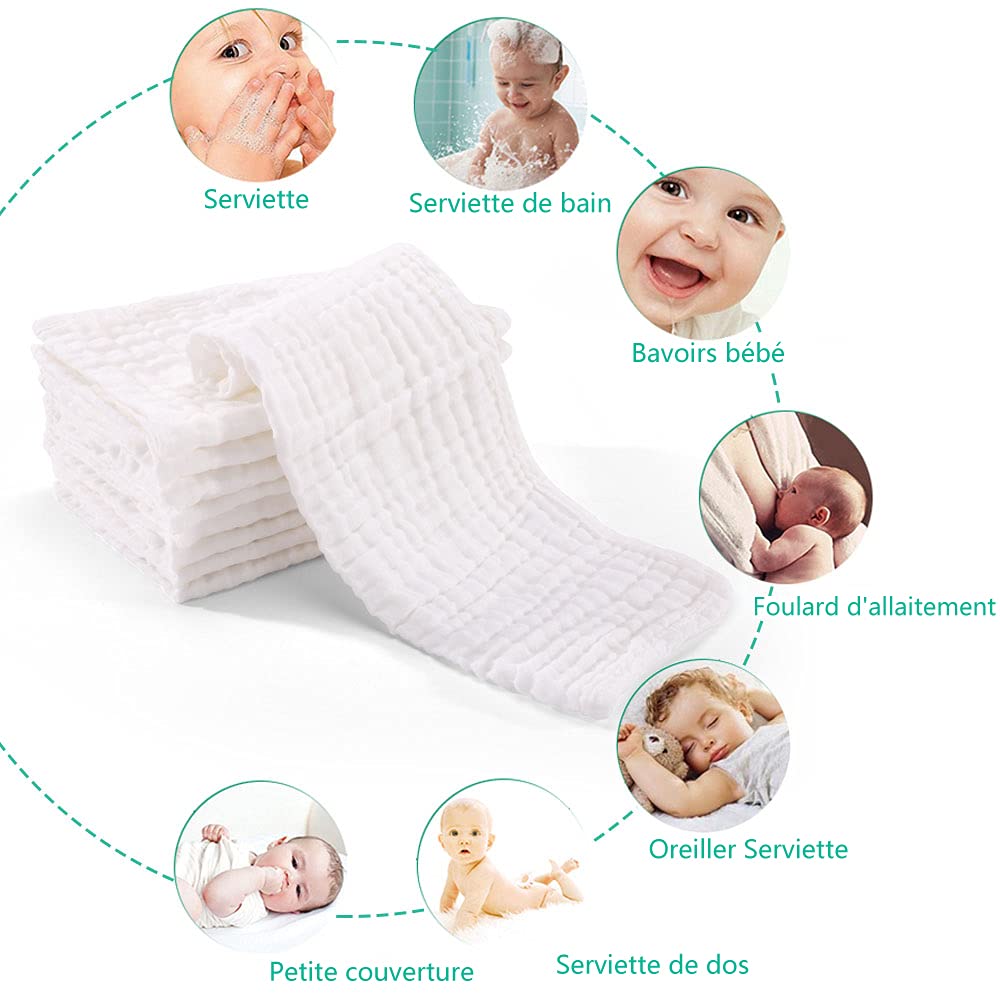Yoofoss Lange bébé en Mousseline de Coton Lot de 10 Langes 27x50 cm Carrés de Mousseline Super Doux Absorbant avec 6 Couches pour Peaux Sensibles pour Nouveaux-nés Blanc