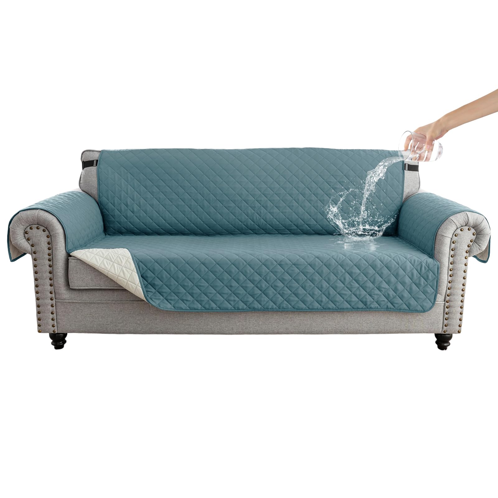 Zlune 3-Seater Reversible Sofa Cover, Water-Resistant, Gray blue/Beige