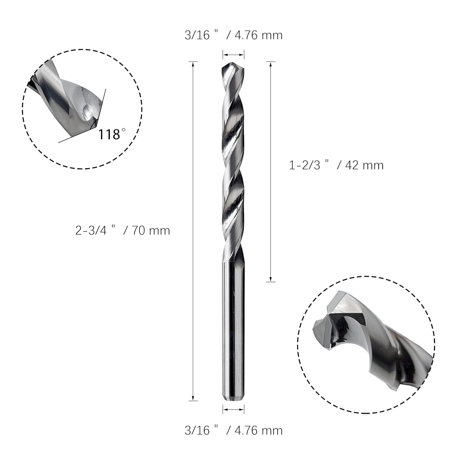 LU&MN Solid Carbide Jobber Drill Bits with Straight Shank and 118° Point Angle, Made from Tungsten Carbide Material - 3/16", 2pcs
