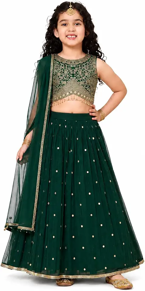 A.T.U.N. (ALL THINGS UBER NICE) Zardozi Thread Work Embroidered 3 Piece Crinkled Lehenga Set with Dupatta and Padded Choli Top for Girls | Designer Festive Ethnic Wear Outfit
