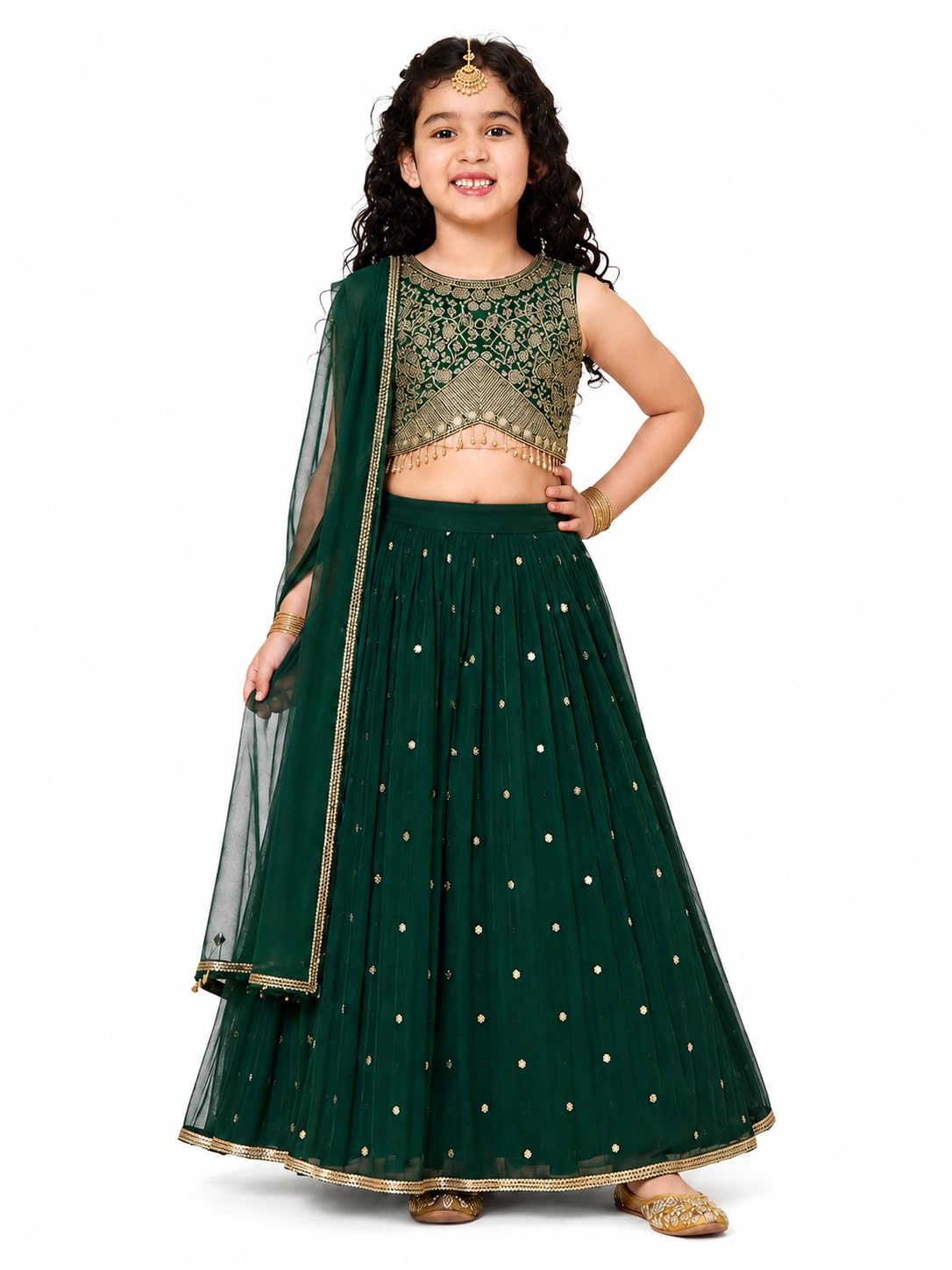 A.T.U.N. (ALL THINGS UBER NICE) Zardozi 3-częściowy zestaw Lehenga z haftem nicią Dupatta i pikowanym topem Choli dla dziewczynek | Designerski świąteczny strój etniczny