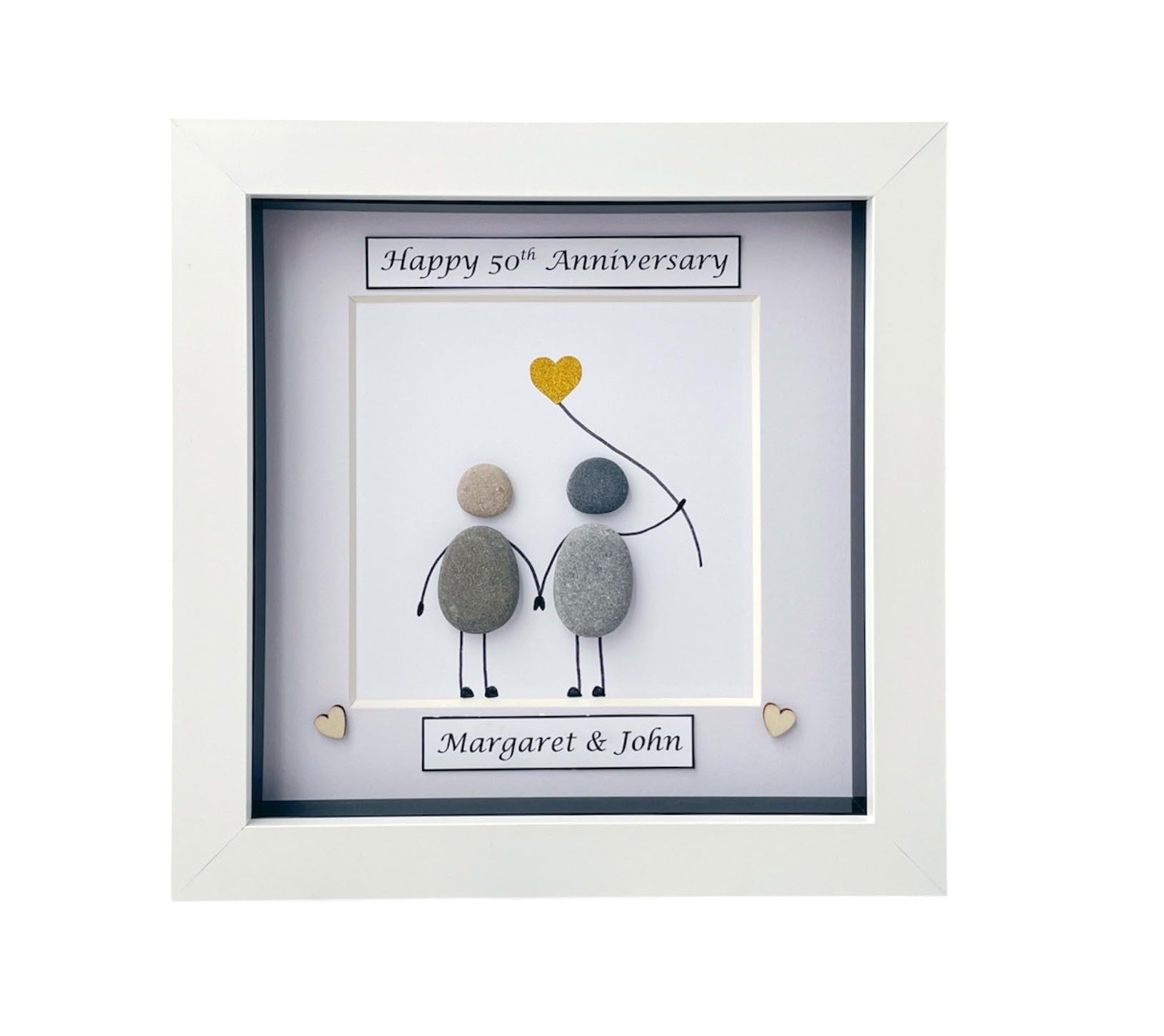 Generic 50th Anniversary Golden Wedding Gift Ideas for Husband, Wife, Couple, Parents, Grandparents, Personalised Handmade Pebble Art Keepsake Frame