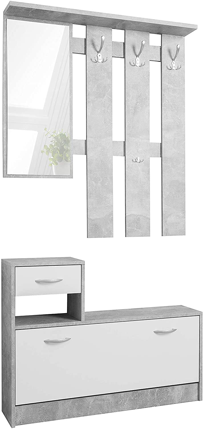 My Brand Germanvox - Mobile da Ingresso moderno, Panca con scarpiera e specchio, Entratina con cassetto e appendiabiti, L.100 P.25 H.180 cm, Bianco e Grigio Cemento