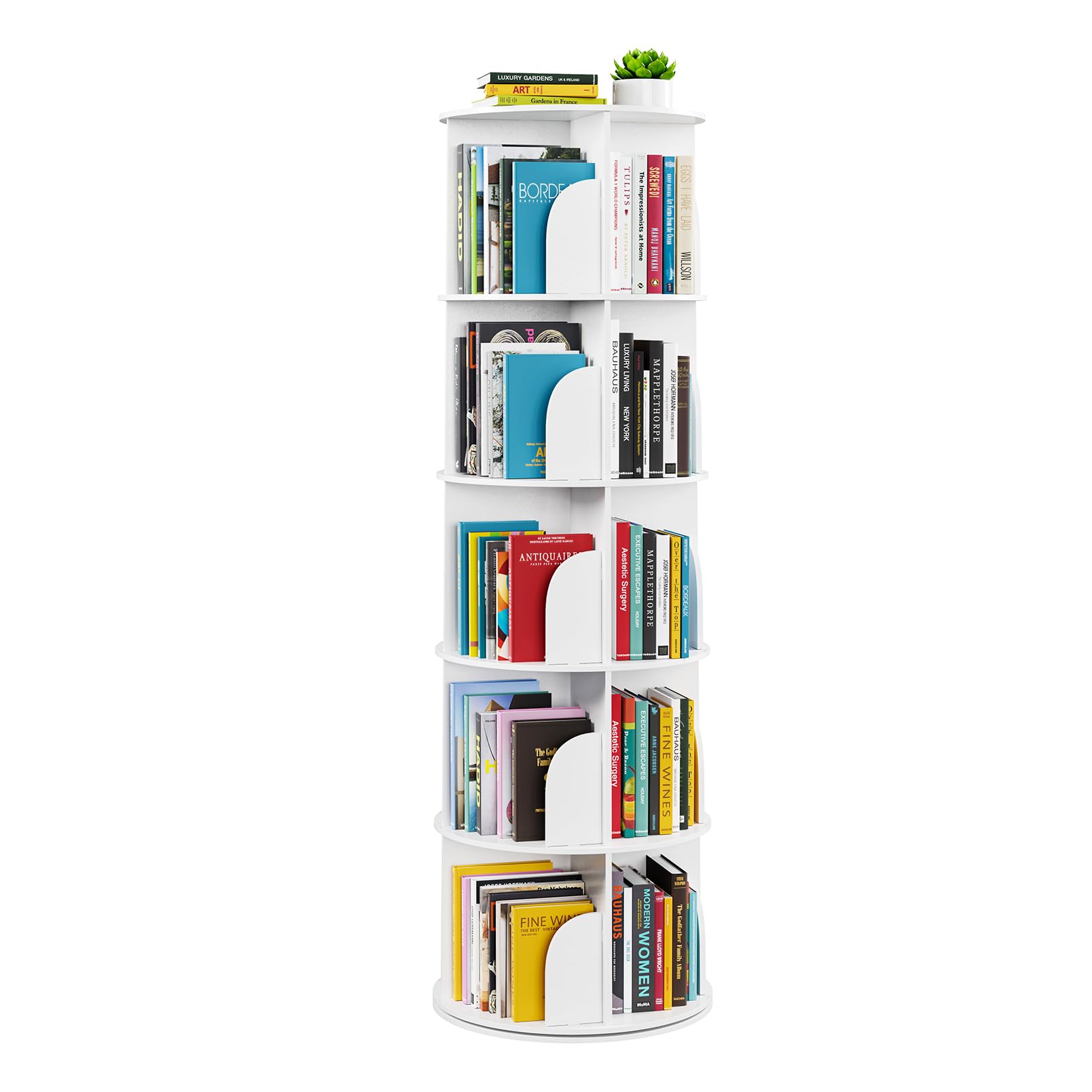 SpaceAid 5 Tier Rotating Bookshelf Tower, Spinning Bookcase Lazy Susan, Revolving 360 Book Shelf Storage Round Carousel, Vertical Rotate Turning Spiral Corner Organizer, White