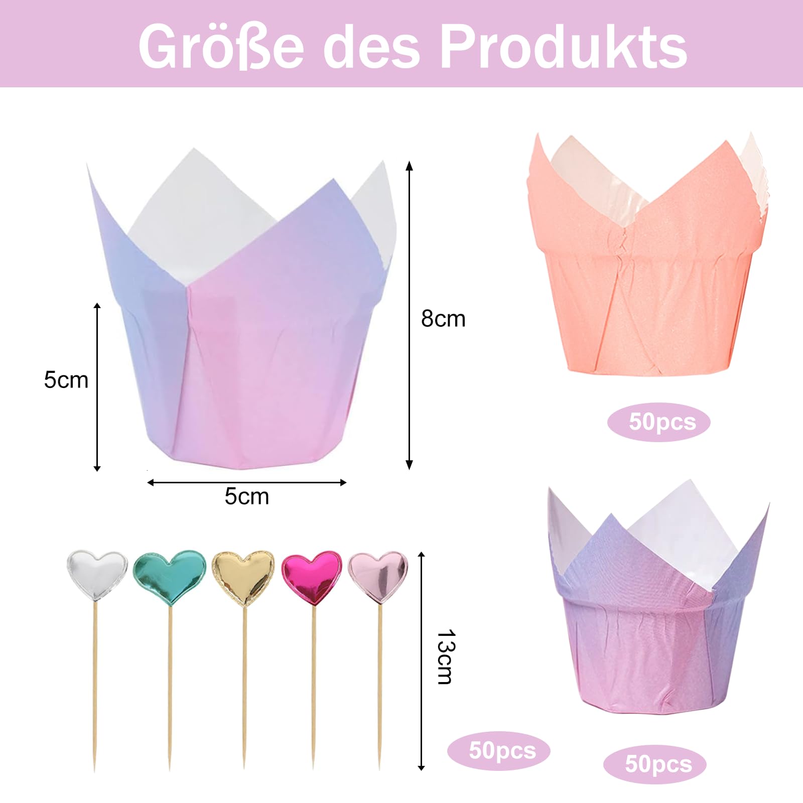 Papierowe foremki do muffinek, 100 sztuk, 50 sztuk dekoracji babeczek, tulipanów, papierowe foremki do muffinek, na przyjęcia urodzinowe, wesela (gradient fioletowy + różowy)