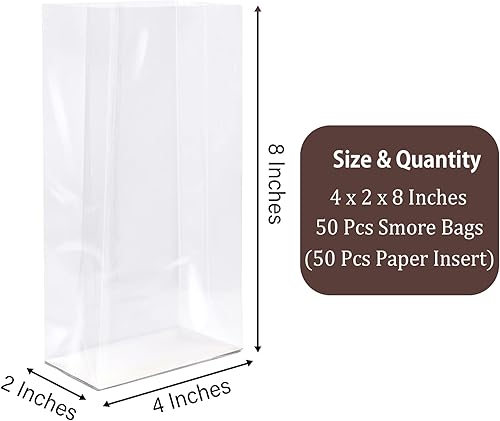 Miniatura 2 de Bolsas de celofán de fondo plano reforzado con inserto de papel 50 piezas 4x2x8 pulgadas Smore bolsas