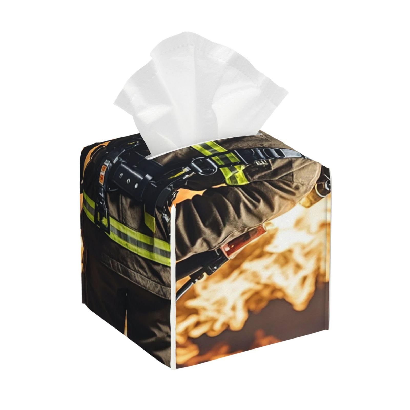 Pu Leather Cube Tissue Box Holders Modern Waterproof Square Tissue Box Cover Firefighter Fireman Flame Facial Paper Holder for Bathroom Kitchen Nightstand Office Home Decor