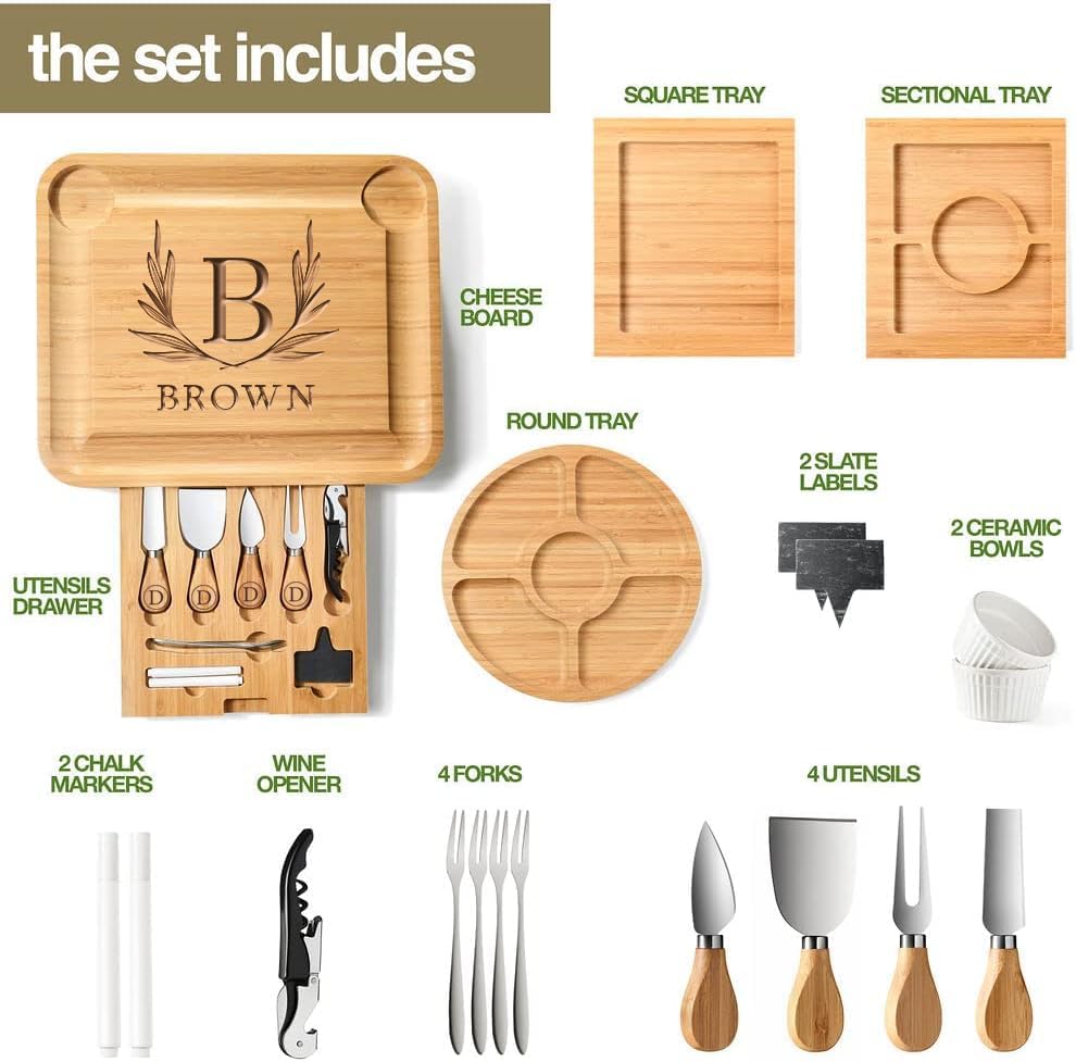 Custom Charcuterie Boards Set – Large Bamboo Cheese Board with 3 Drawers & Utensils Set- Round Tray Included,Personalized Bamboo Charcuterie Boards Gift Set, Wedding,Birthday Housewarming Gift - Image 4