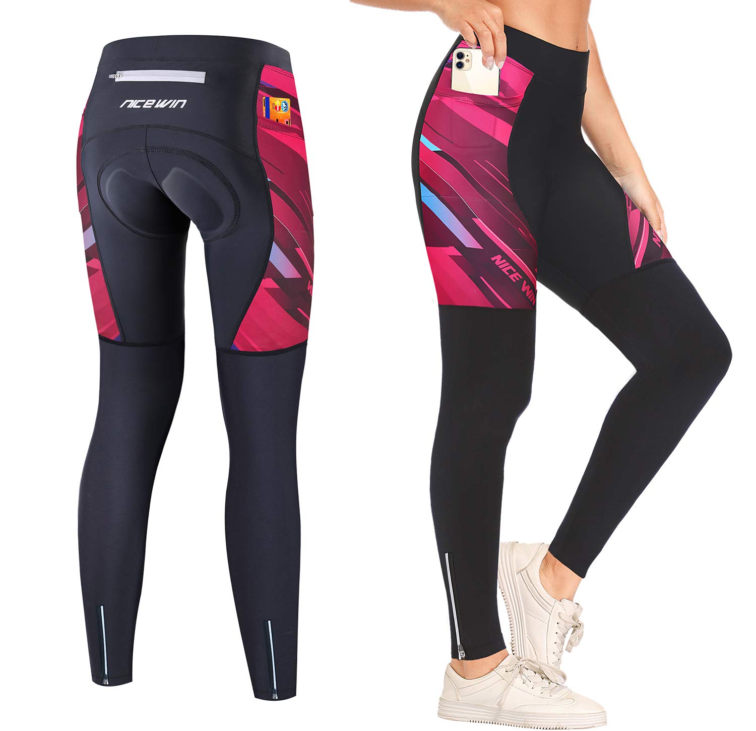 NICEWIN Pantalones de Ciclismo para Mujer, Acolchados, Largos, con Asiento Acolchado, 4D, térmicos, Largos, Transpirables, de Secado rápido, elásticos, para Ciclismo