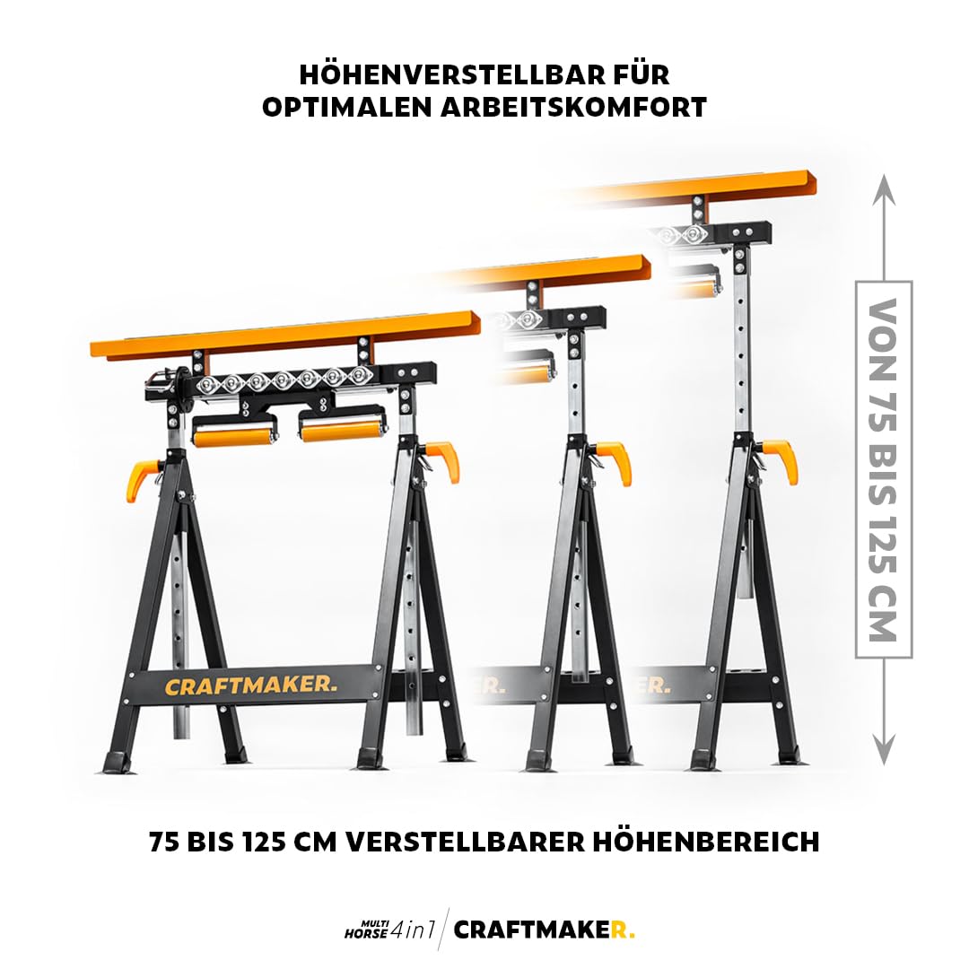 CRAFTMAKER 2er-Set 4-in-1 Multifunktionale Klappbare Sägeböcke - Höhenverstellbare Stahl-Arbeitsböcke mit Schnellklapp-Mechanismus & Stabiler Unterstützung für Werkstattprojekte